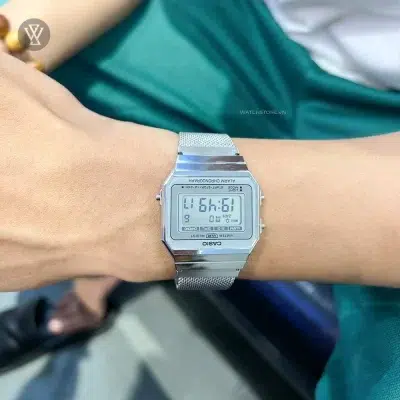 Đồng Hồ Casio Unisex A700WM-7ADF Chính Hãng – Mặt Vuông Mỏng, Dây Kim Loại Bạc