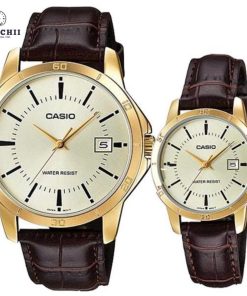 Đồng Hồ Casio Cặp Đôi Dây Da - Viền Mạ Vàng - Chống Nước