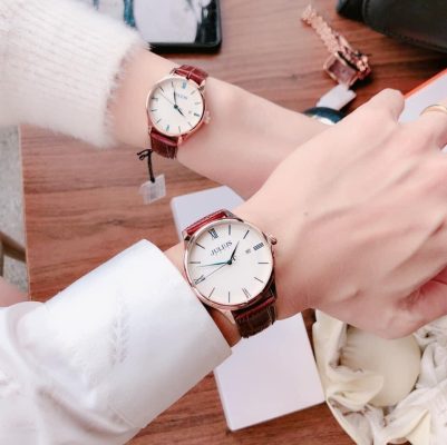 Đồng hồ đôi giá rẻ Julius chính hãng dây da màu nâu